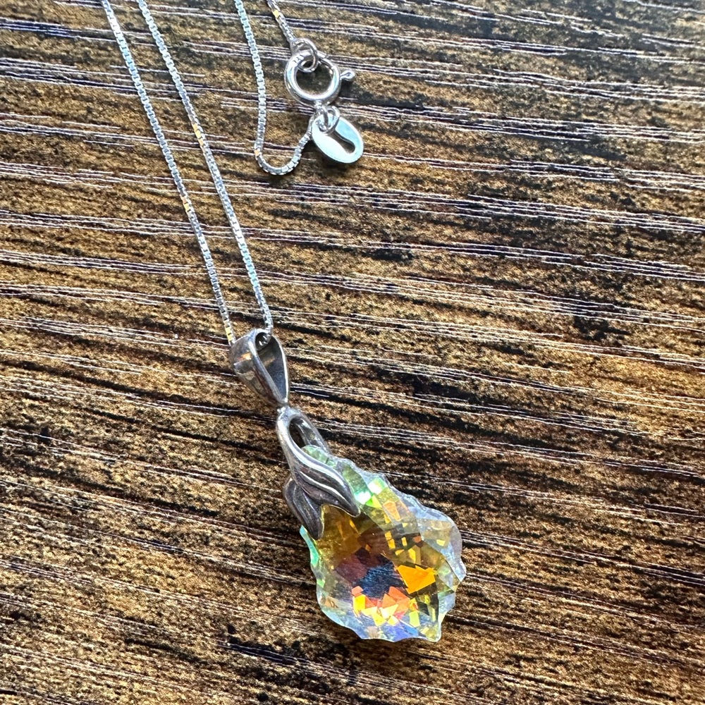 Handmade Austrian Crystal Aurora Borealis Pendant Sterling Silver Chain Necklace - Picture 7 of 11